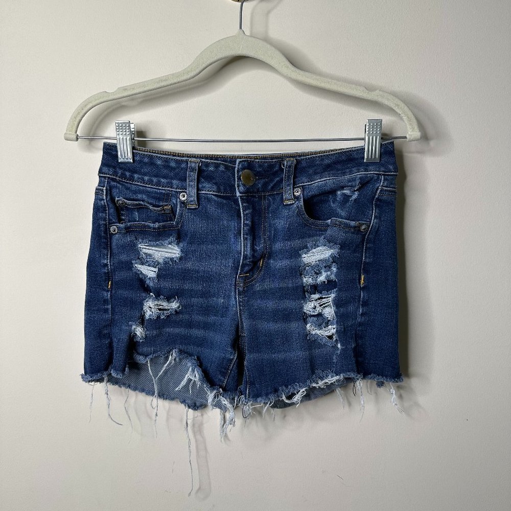 American Eagle Blue Distressed Hi-Rise Shortie Denim Shorts Size 4